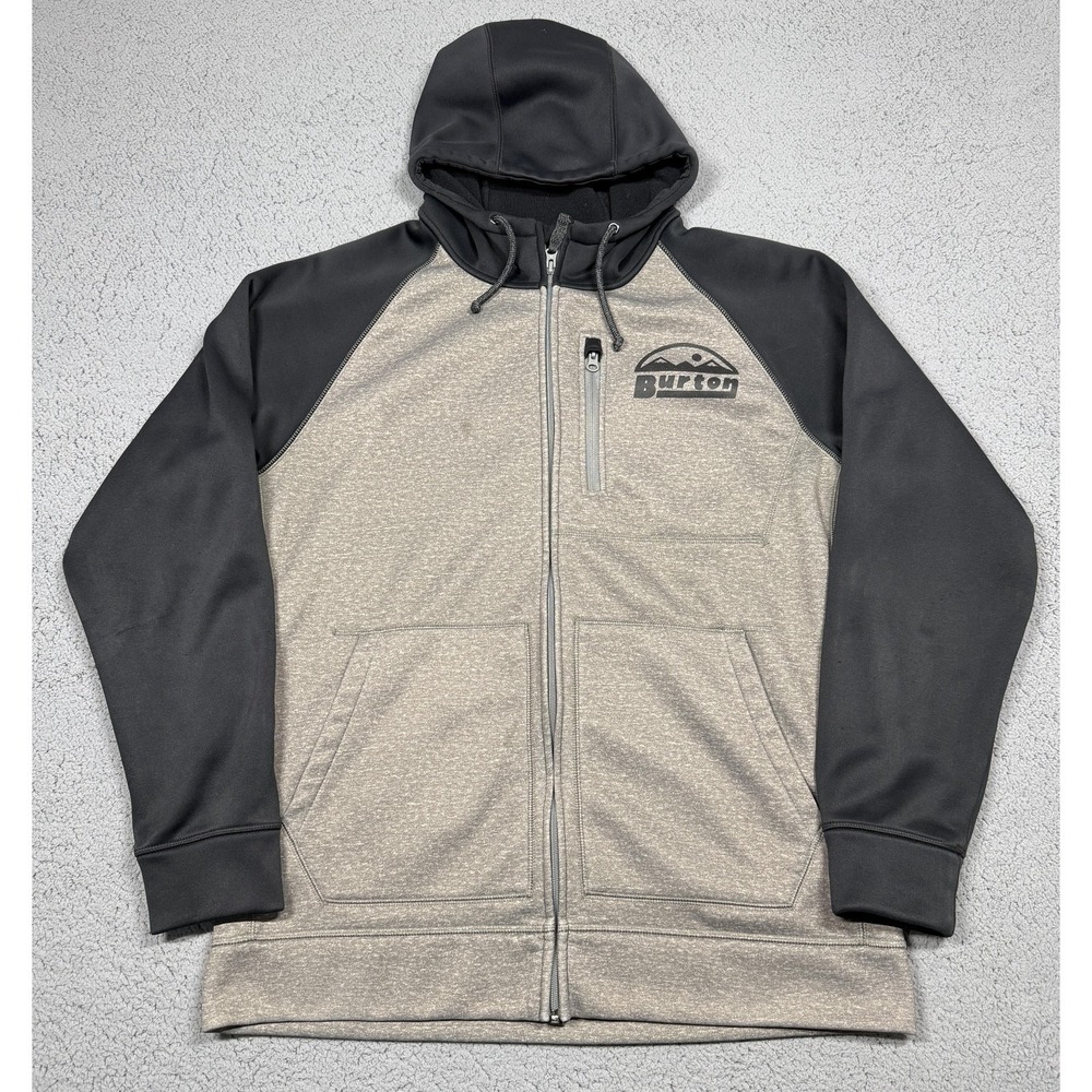 Burton Hoodie Mens XL Gray Black Bonded‎ Fleece Full Zip Mountain Logo Snowboard